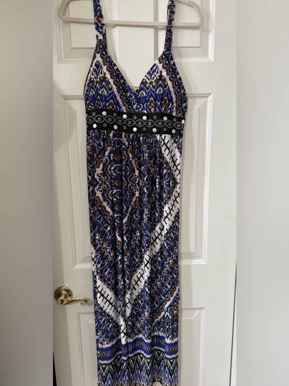Studio West Blue, White & Brown Printed Maxi Dress-Skirt with Studded Waist